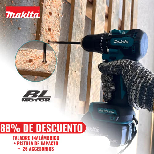 KIT MAKITA ORIGINAL: TALADRO INALÁMBRICO con PISTOLA DE IMPACTO + 26 ACCESORIOS + 2 BATERIAS - PROMOCION CIERRE DE LA TIENDA